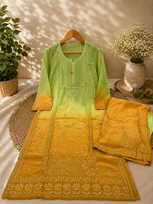 Handcrafted Lucknowi Chikankari Viscose Silk Kurta & Pant Set | Ombre & Solid Festive Suit