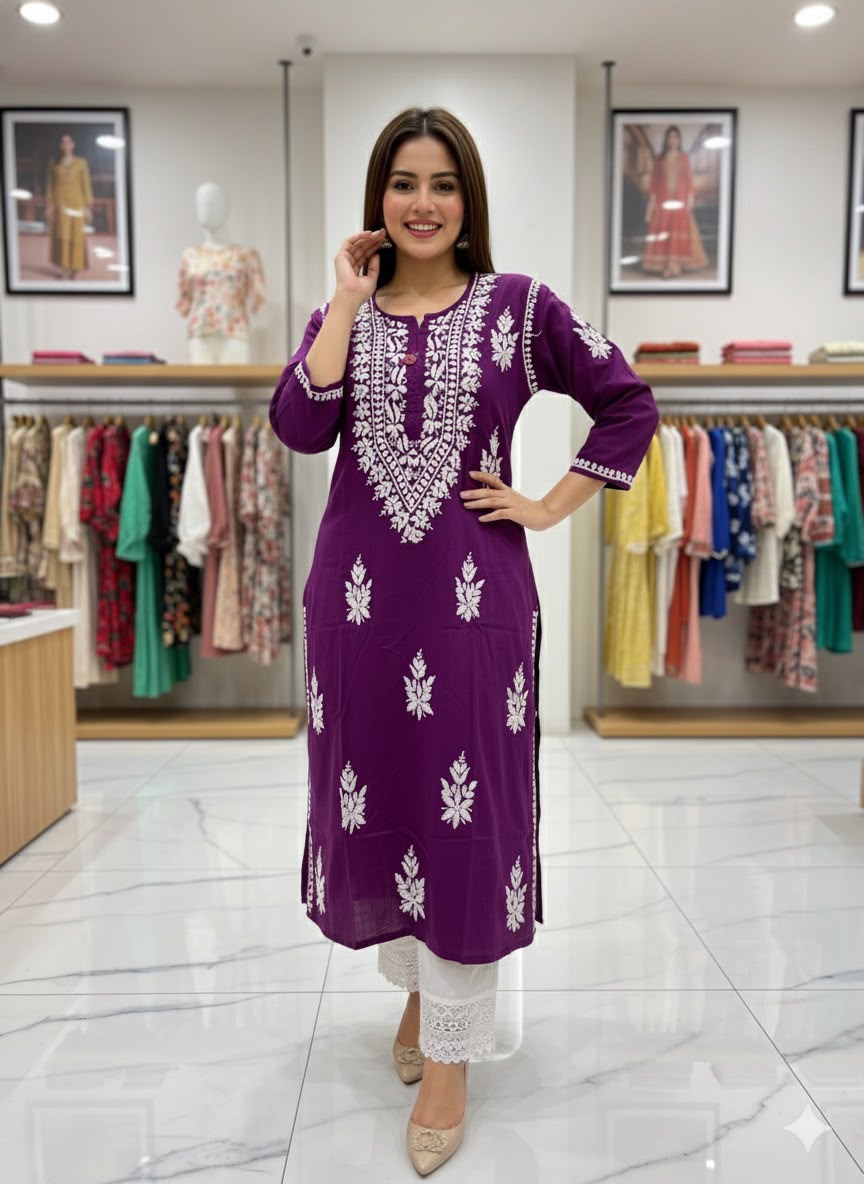 Women’s Embroidered Kurti | Floral Thread Work Straight Kurta with Designer Border