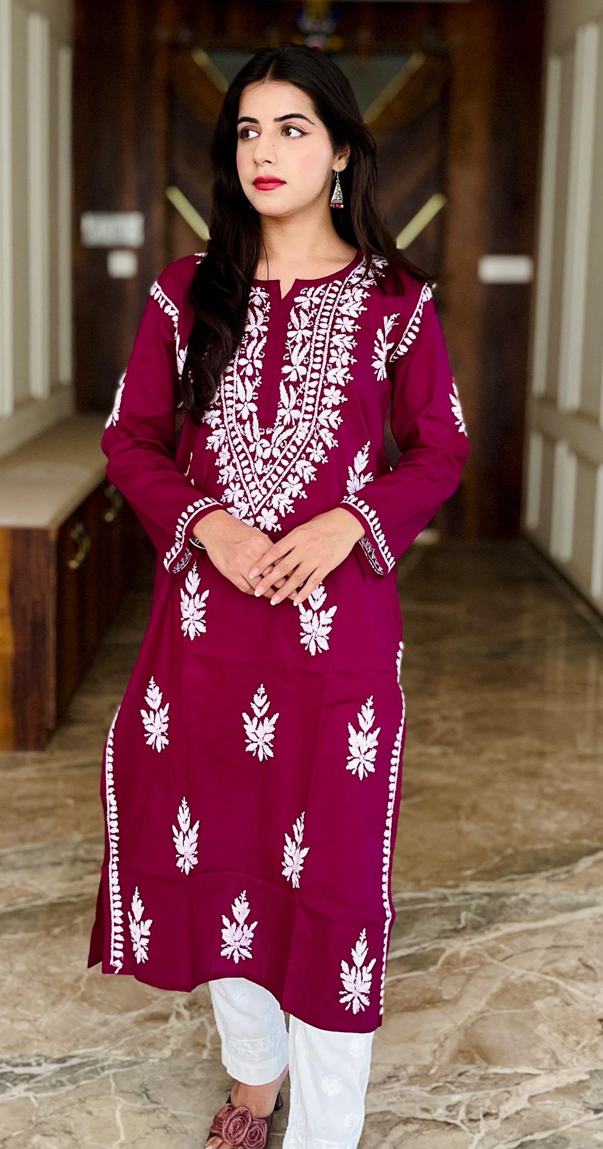 Women’s Embroidered Kurti | Floral Thread Work Straight Kurta with Designer Border