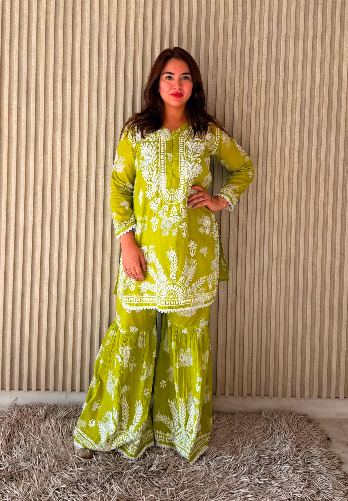 Women’s Lime Green Floral Printed Kurta Set with Sharara Pants