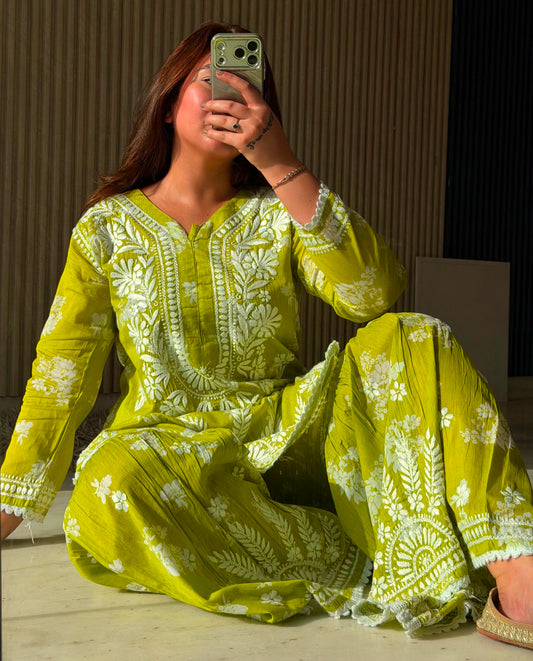Women’s Lime Green Floral Printed Kurta Set with Sharara Pants