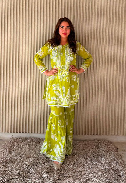 Women’s Lime Green Floral Printed Kurta Set with Sharara Pants