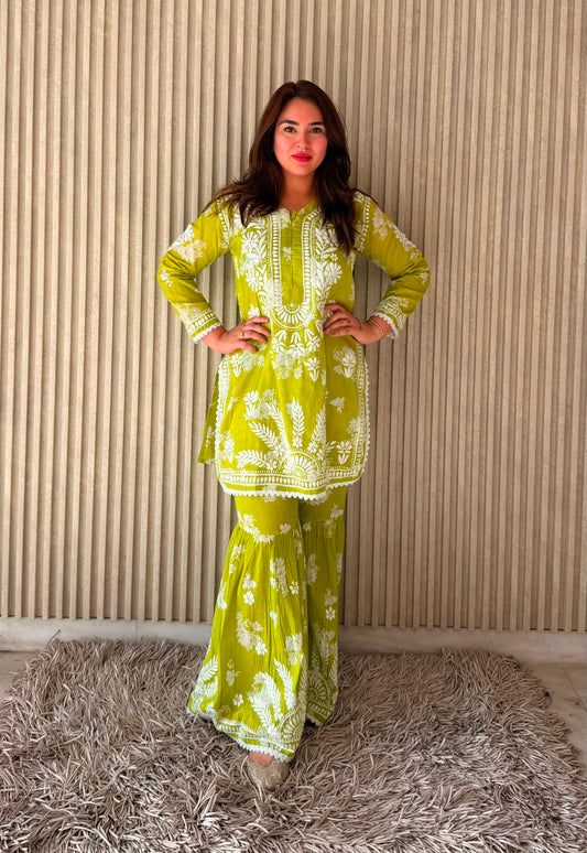 Women’s Lime Green Floral Printed Kurta Set with Sharara Pants