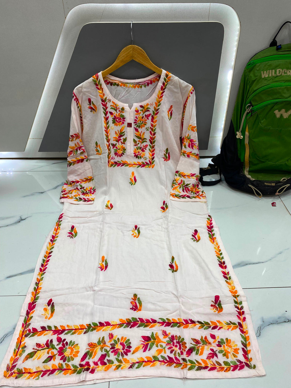 Women’s Embroidered Kurti | Floral Thread Work Straight Kurta with Designer Border