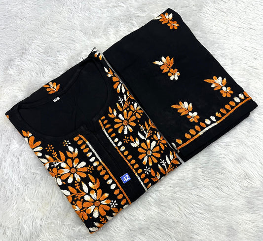 Black Lucknowi Chikankari Cotton Kurta & Pant Set with Dual-Tone Floral Embroidery