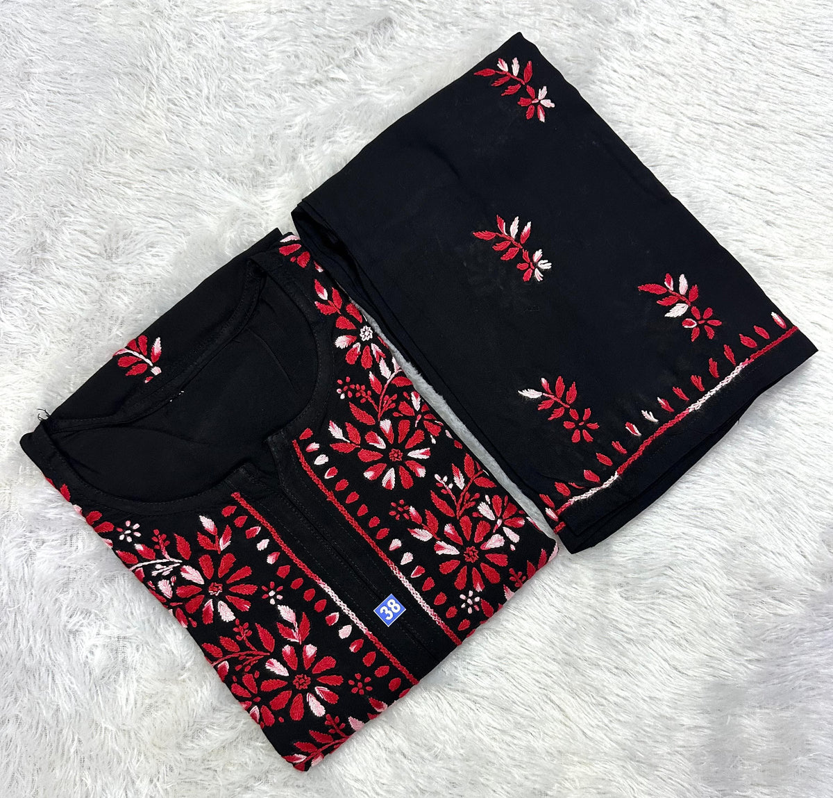 Black Lucknowi Chikankari Cotton Kurta & Pant Set with Dual-Tone Floral Embroidery