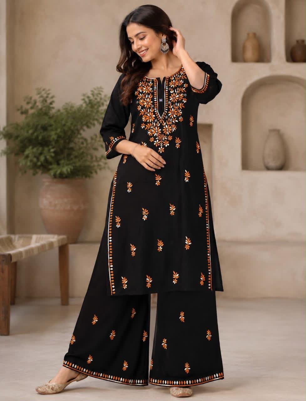 Black Lucknowi Chikankari Cotton Kurta & Pant Set with Dual-Tone Floral Embroidery