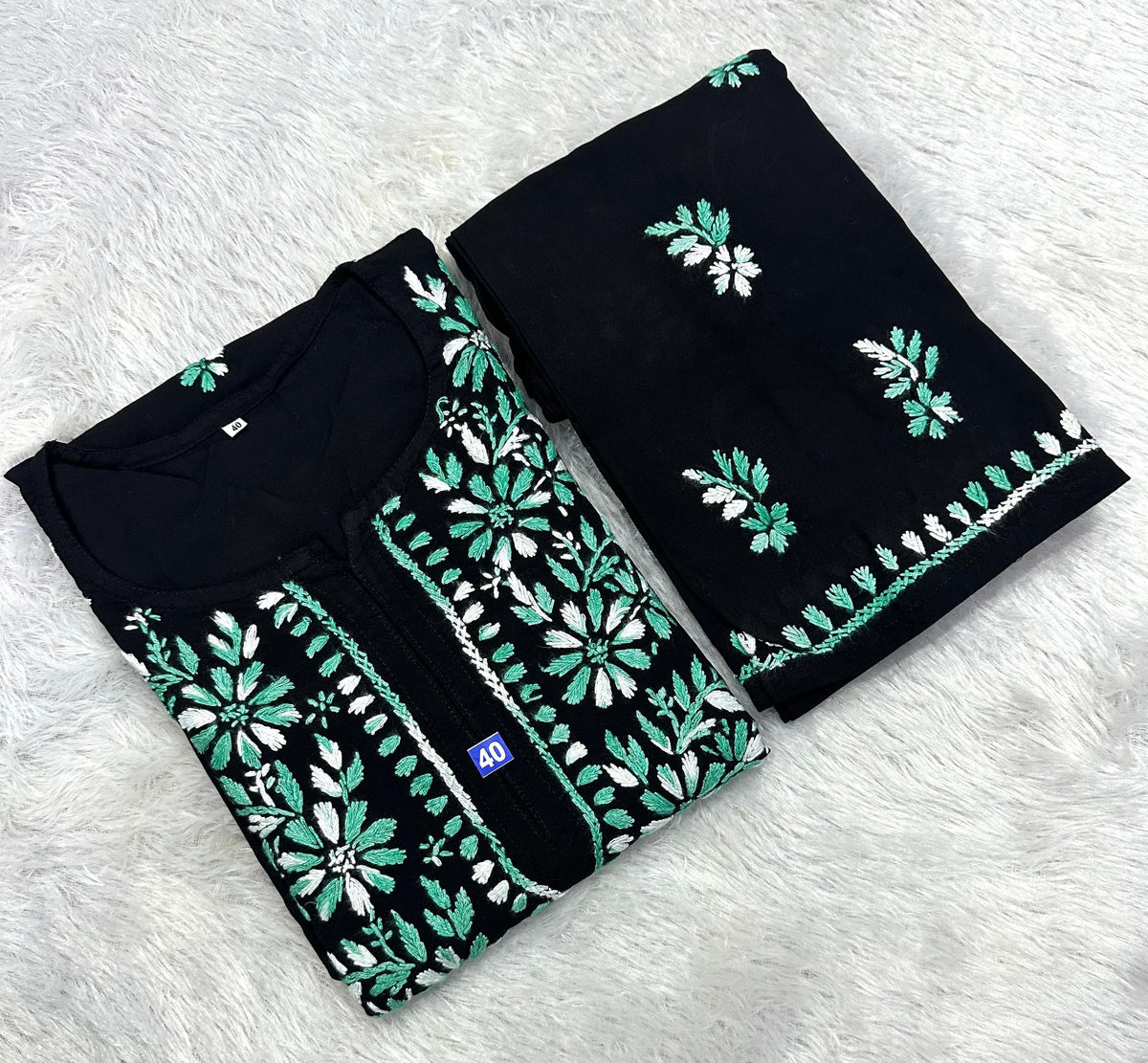 Black Lucknowi Chikankari Cotton Kurta & Pant Set with Dual-Tone Floral Embroidery