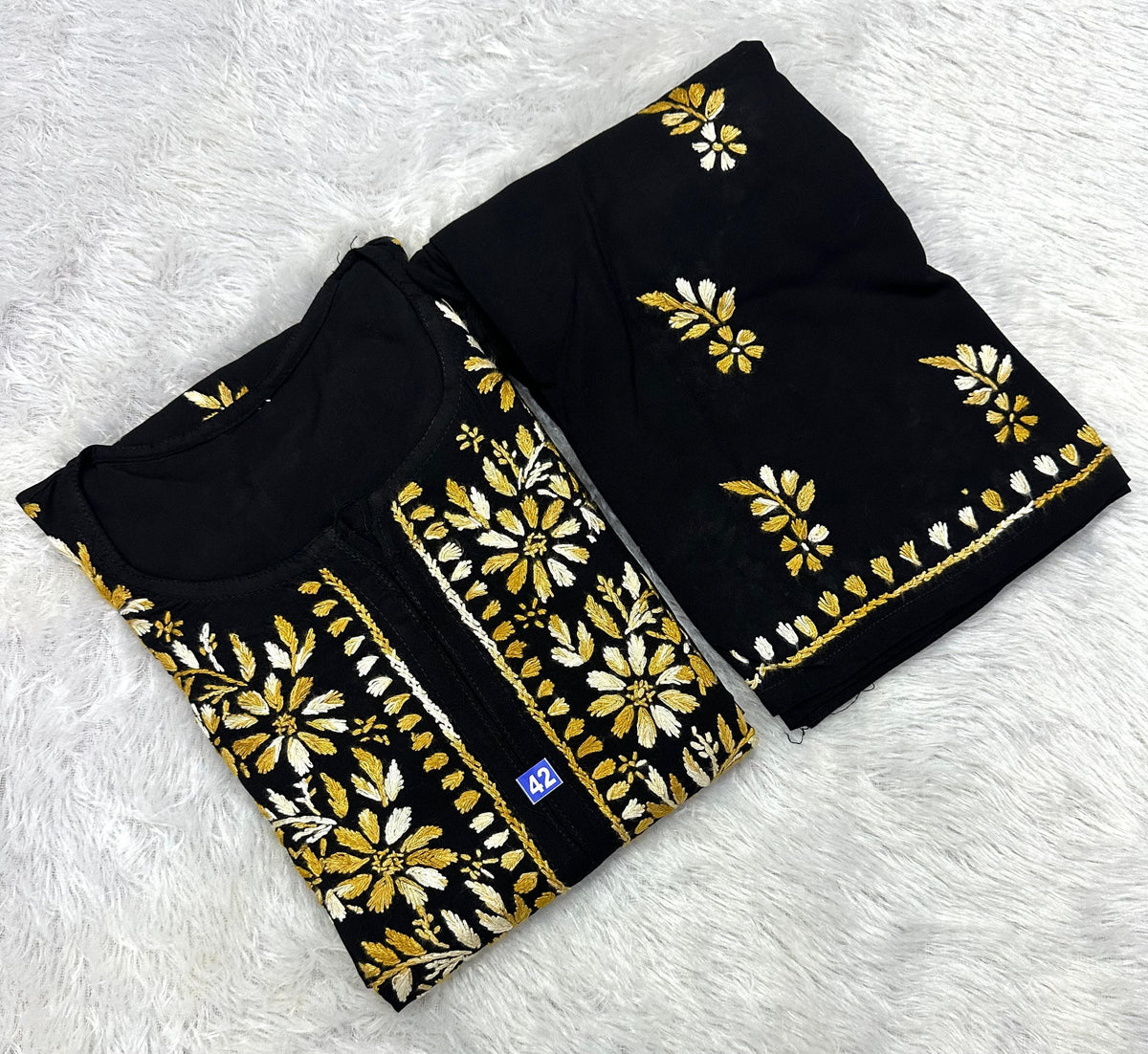 Black Lucknowi Chikankari Cotton Kurta & Pant Set with Dual-Tone Floral Embroidery