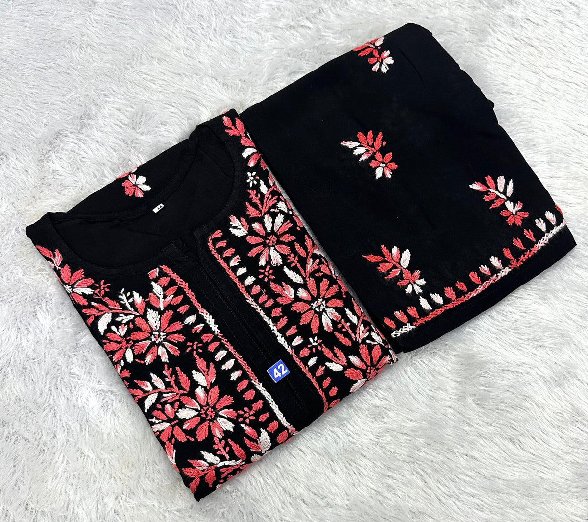 Black Lucknowi Chikankari Cotton Kurta & Pant Set with Dual-Tone Floral Embroidery