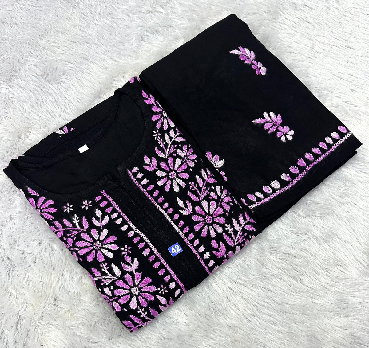 Black Lucknowi Chikankari Cotton Kurta & Pant Set with Dual-Tone Floral Embroidery