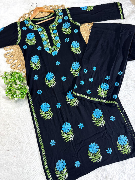 Black Pure Cotton Chikankari Kurta & Pant Set with Multicolor Floral Threadwork