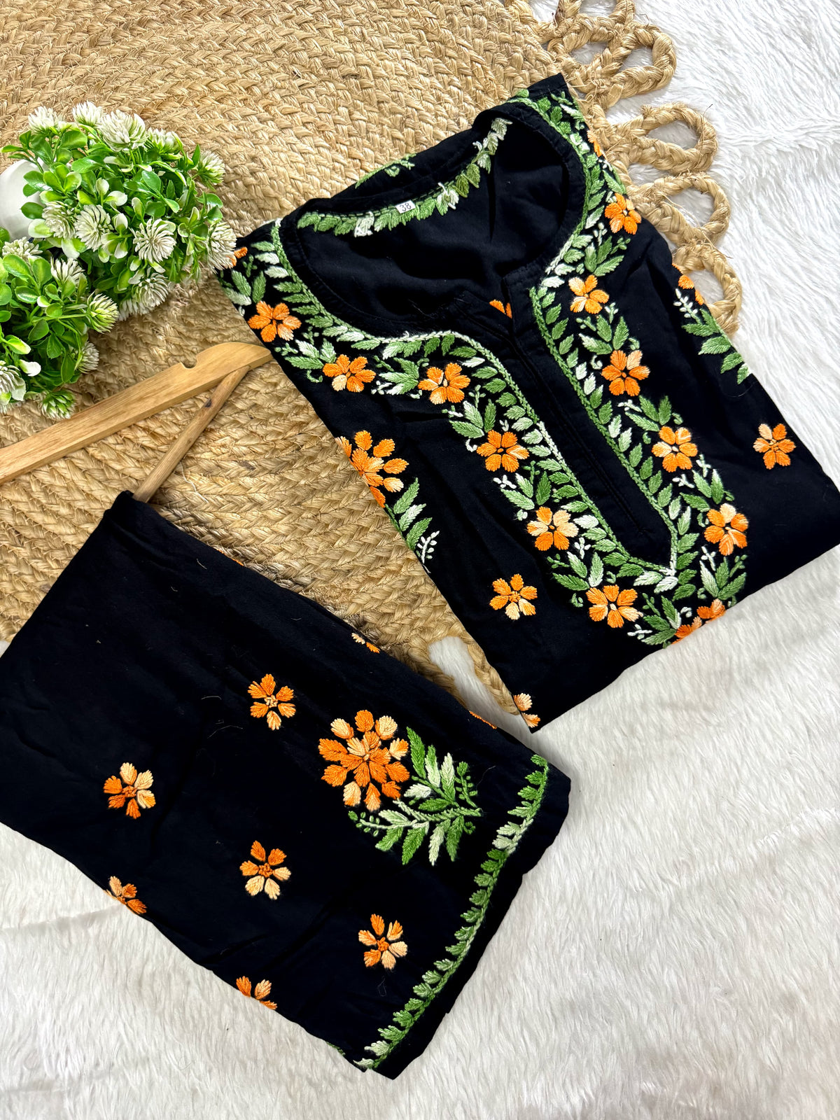 Black Pure Cotton Chikankari Kurta & Pant Set with Multicolor Floral Threadwork