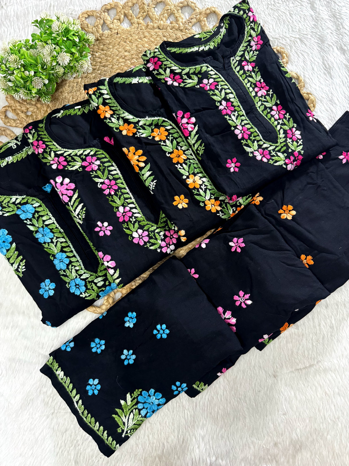 Black Pure Cotton Chikankari Kurta & Pant Set with Multicolor Floral Threadwork