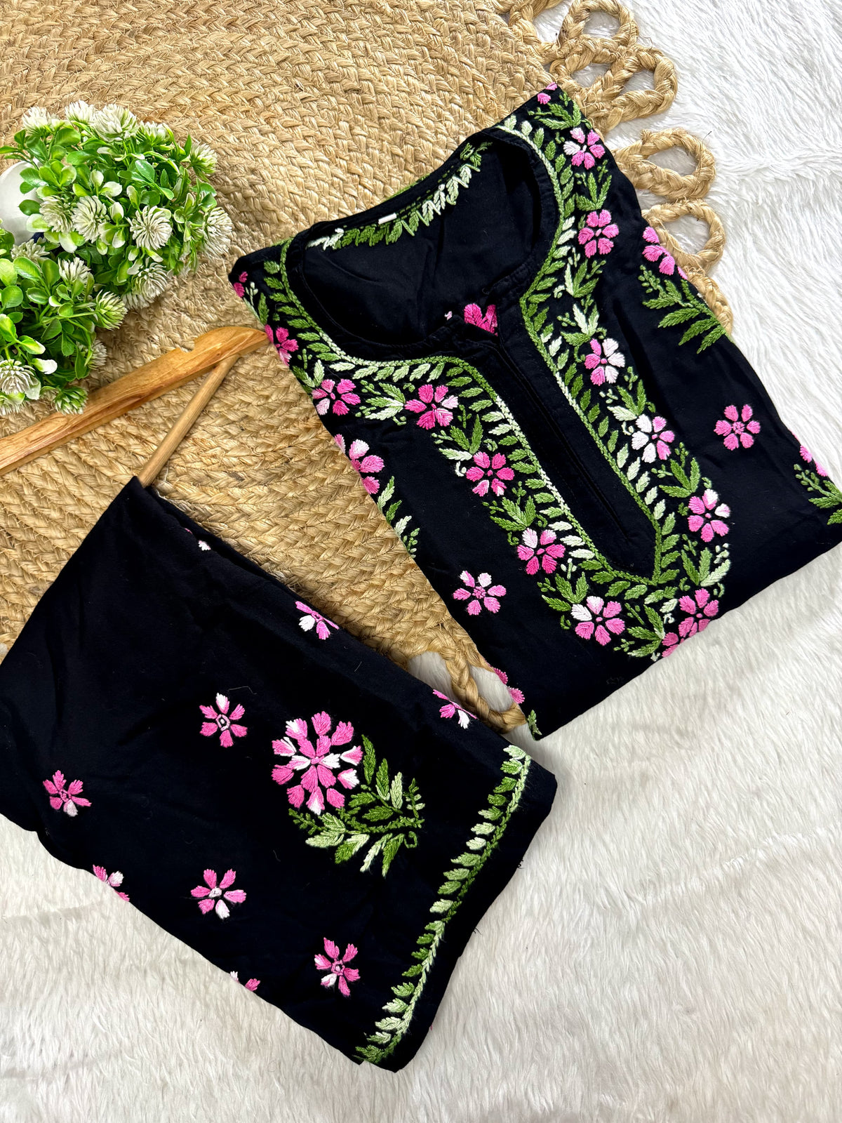 Black Pure Cotton Chikankari Kurta & Pant Set with Multicolor Floral Threadwork