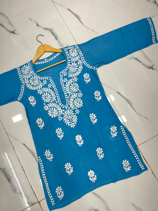 Handcrafted Lucknowi Chikankari Cotton Short Kurti with White Floral Threadwork
