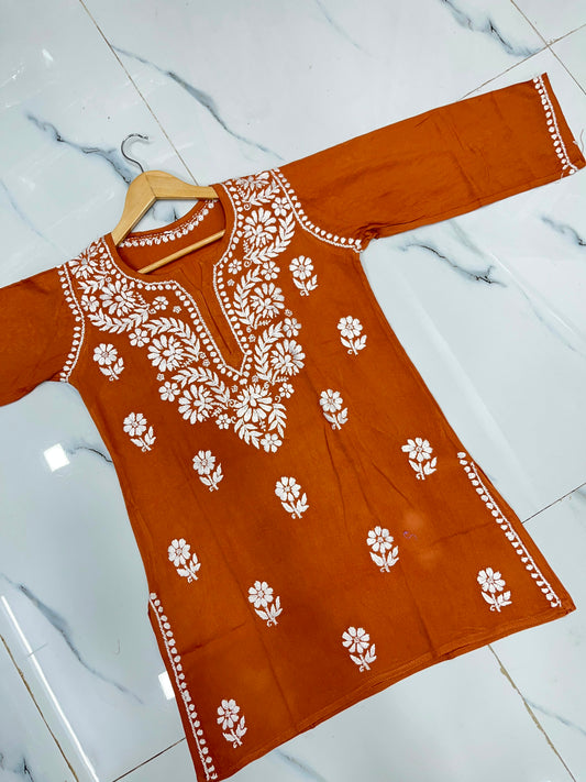 Handcrafted Lucknowi Chikankari Cotton Short Kurti with White Floral Threadwork