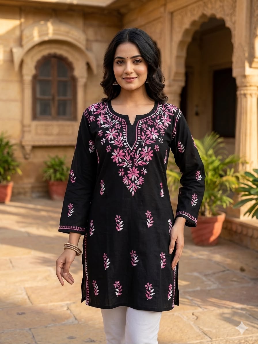 Black Lucknowi Chikankari Cotton Short Kurti with Contrast Dual-Tone Floral Embroidery