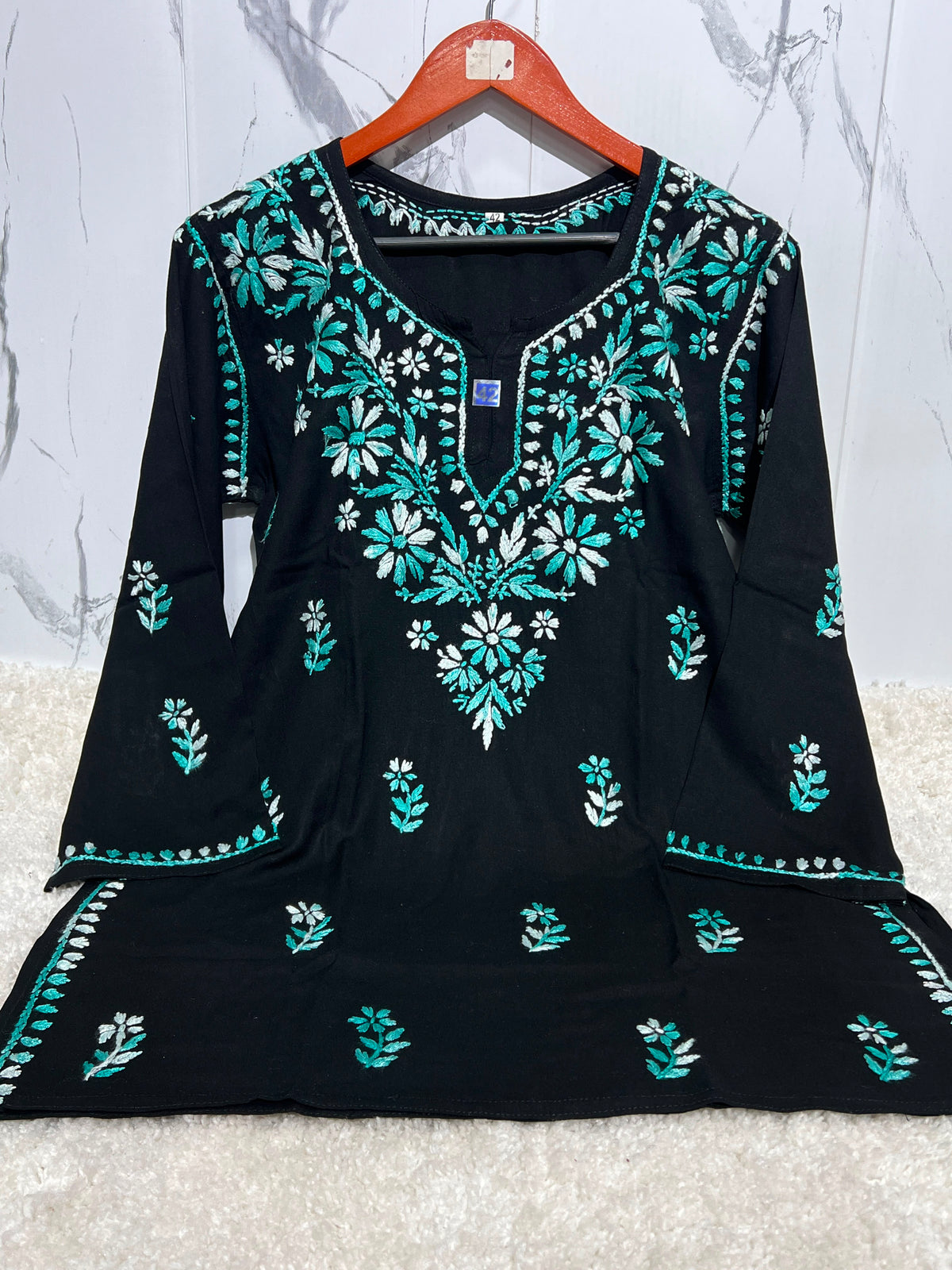 Black Lucknowi Chikankari Cotton Short Kurti with Contrast Dual-Tone Floral Embroidery