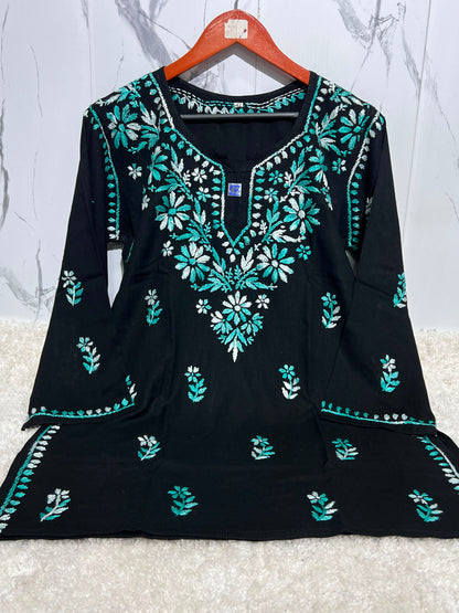 Black Lucknowi Chikankari Cotton Short Kurti with Contrast Dual-Tone Floral Embroidery