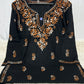 Black Lucknowi Chikankari Cotton Short Kurti with Contrast Dual-Tone Floral Embroidery