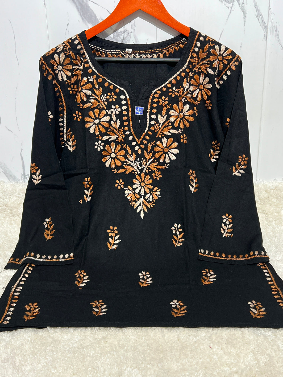 Black Lucknowi Chikankari Cotton Short Kurti with Contrast Dual-Tone Floral Embroidery