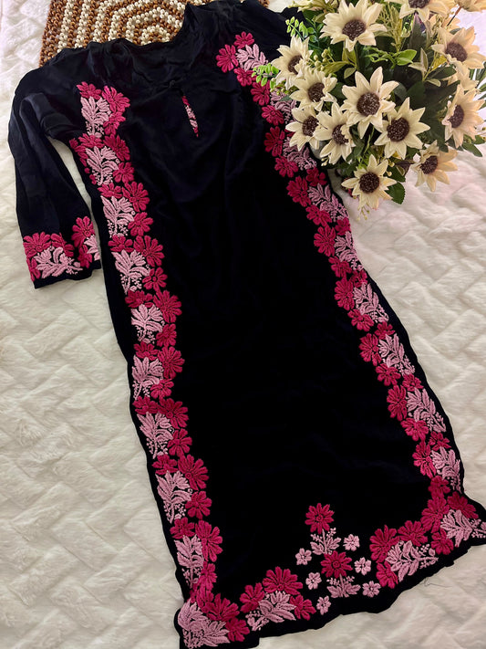 Black Floral Embroidered Kurta for Women
