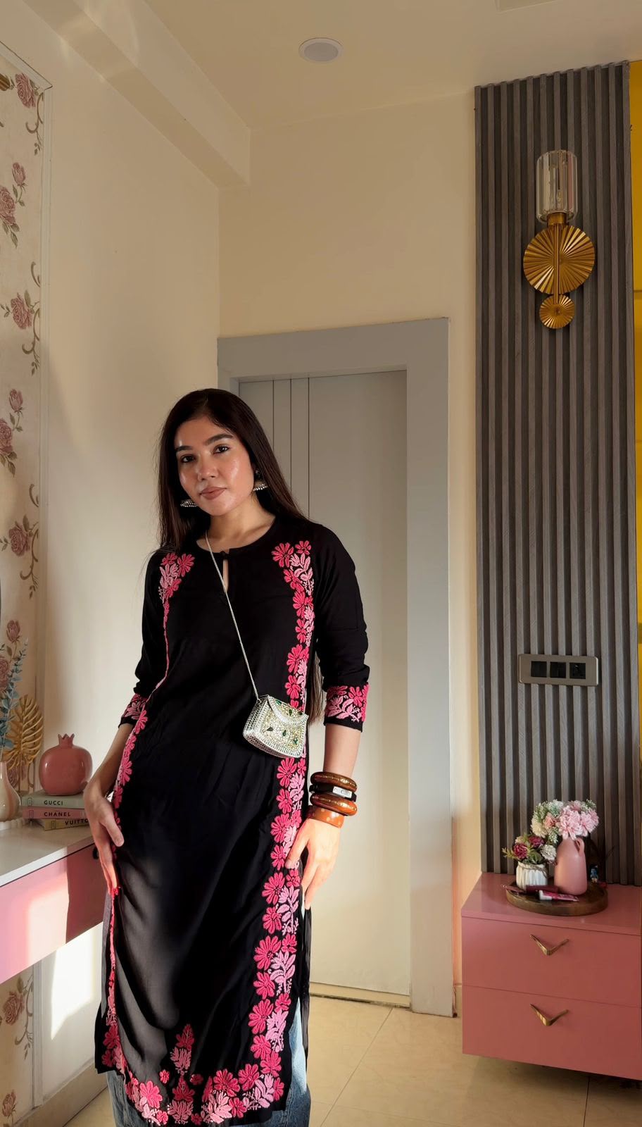 Black Floral Embroidered Kurta for Women