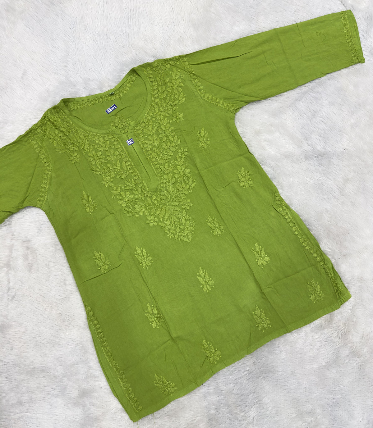 Handcrafted Lucknowi Chikankari Cotton Short Kurti Tunic | Tonal Floral Embroidery