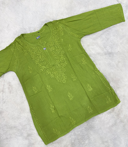 Handcrafted Lucknowi Chikankari Cotton Short Kurti Tunic | Tonal Floral Embroidery