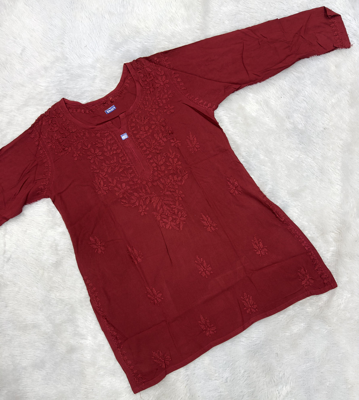 Handcrafted Lucknowi Chikankari Cotton Short Kurti Tunic | Tonal Floral Embroidery