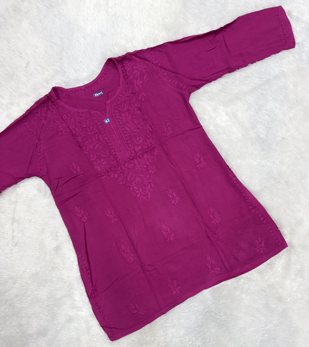 Handcrafted Lucknowi Chikankari Cotton Short Kurti Tunic | Tonal Floral Embroidery
