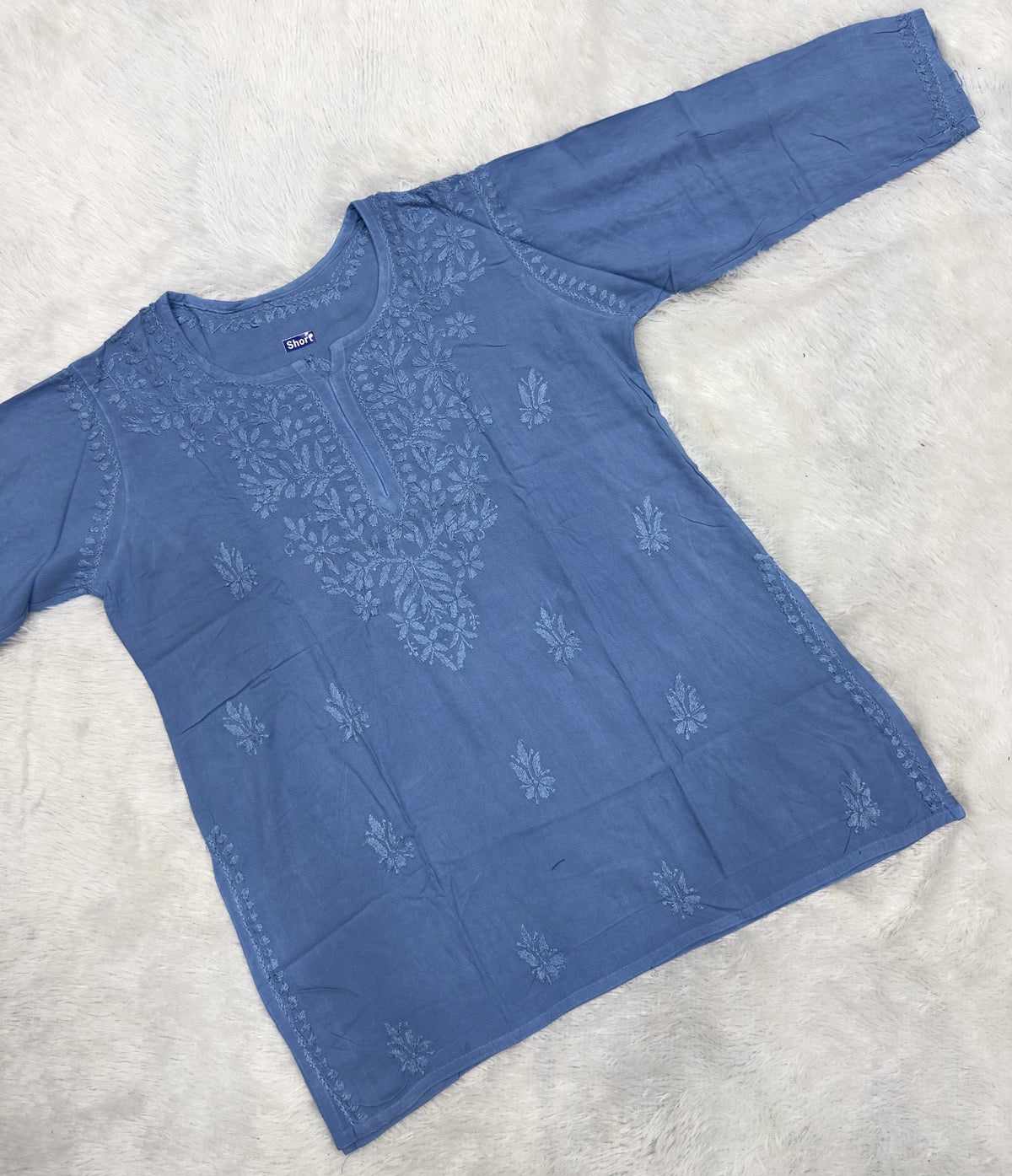 Handcrafted Lucknowi Chikankari Cotton Short Kurti Tunic | Tonal Floral Embroidery