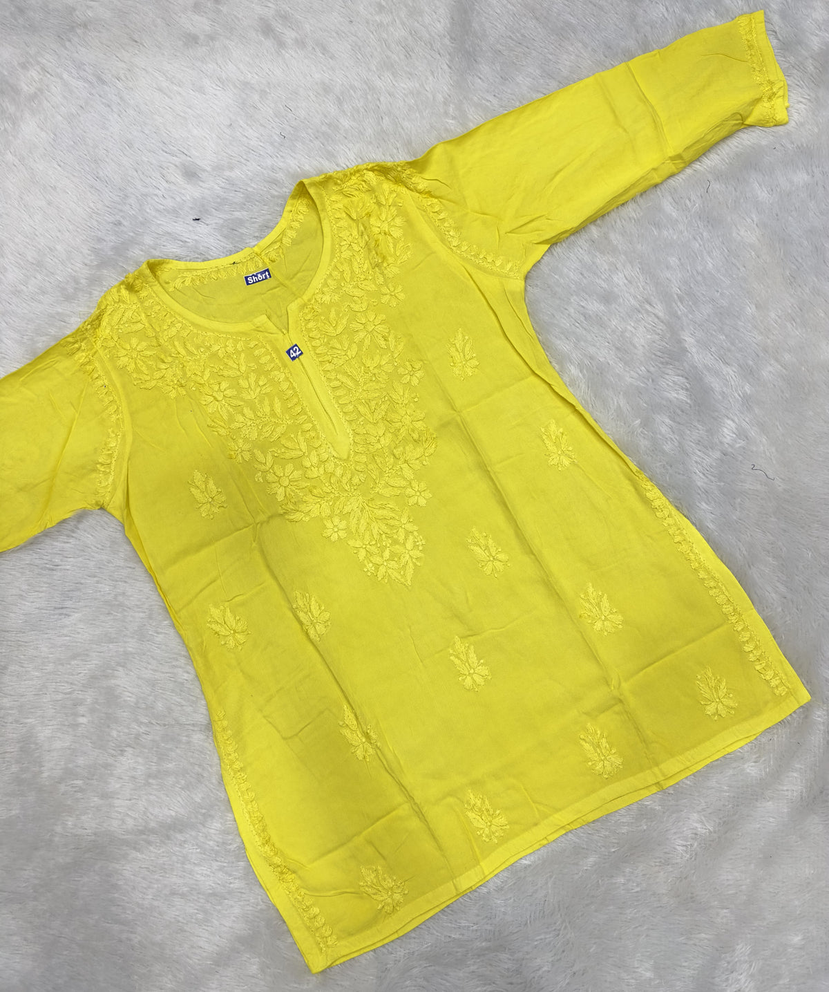 Handcrafted Lucknowi Chikankari Cotton Short Kurti Tunic | Tonal Floral Embroidery