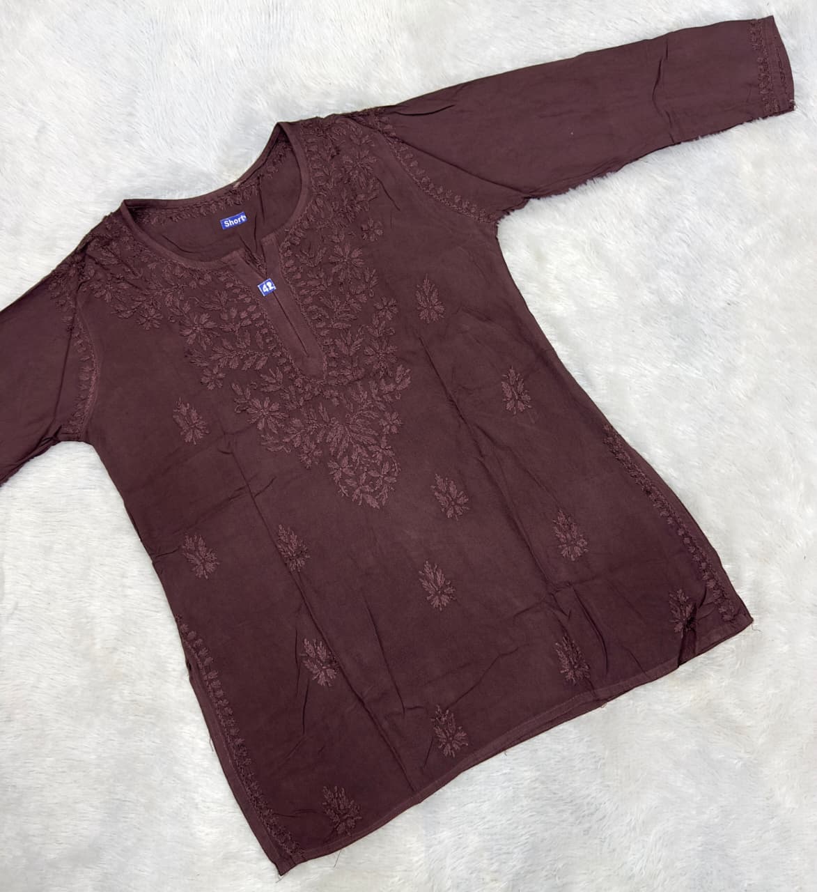 Handcrafted Lucknowi Chikankari Cotton Short Kurti Tunic | Tonal Floral Embroidery