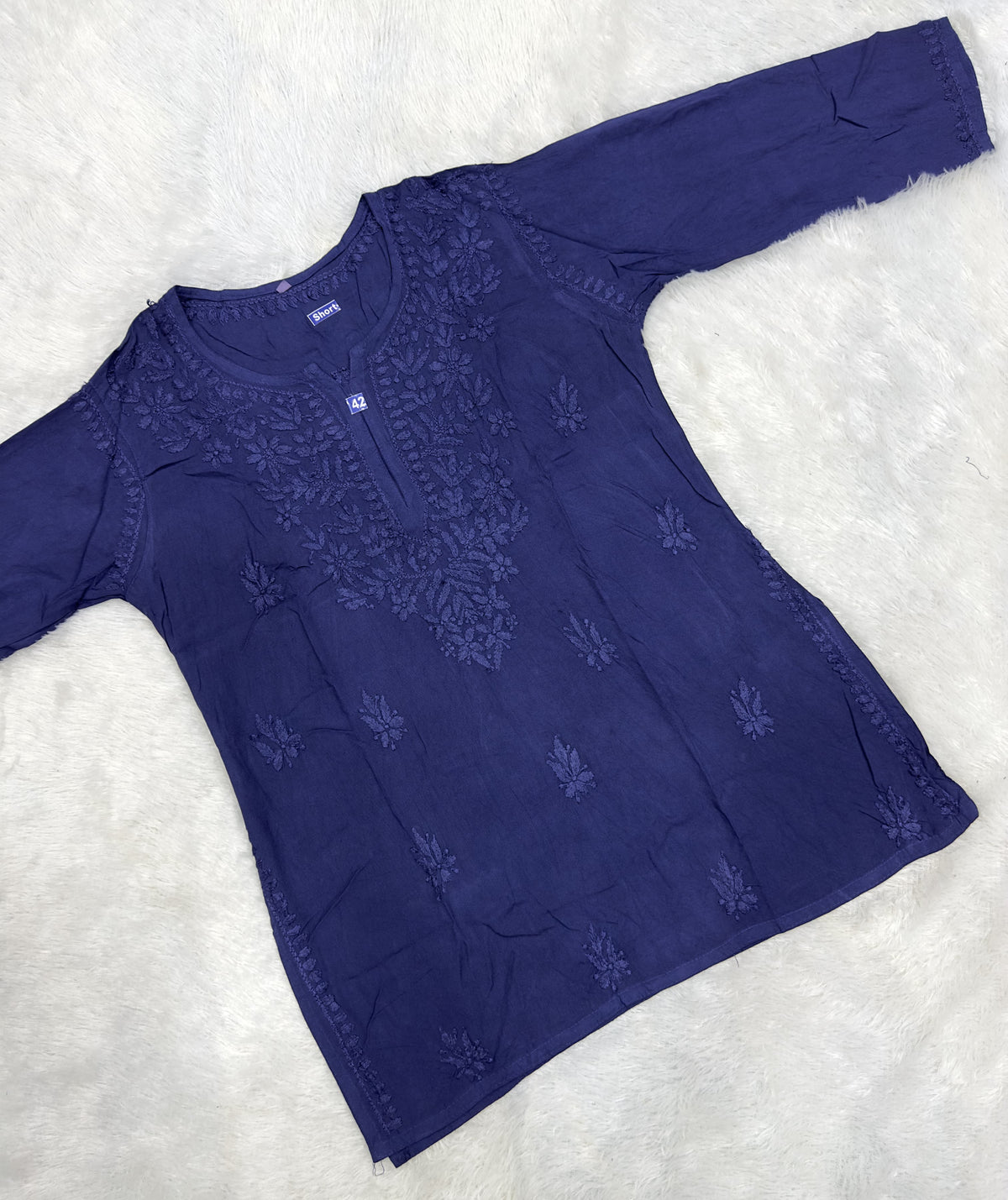 Handcrafted Lucknowi Chikankari Cotton Short Kurti Tunic | Tonal Floral Embroidery