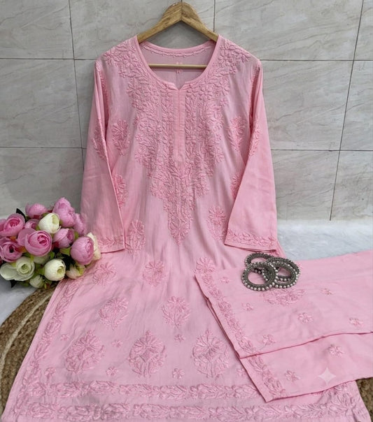 Women’s Embroidered Kurta Pant Set | Floral Thread Work 2-Piece Ethnic Suit