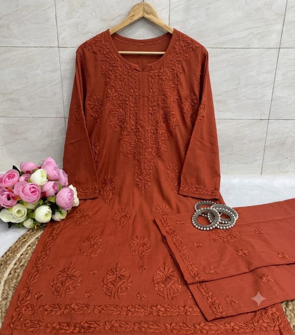 Women’s Embroidered Kurta Pant Set | Floral Thread Work 2-Piece Ethnic Suit