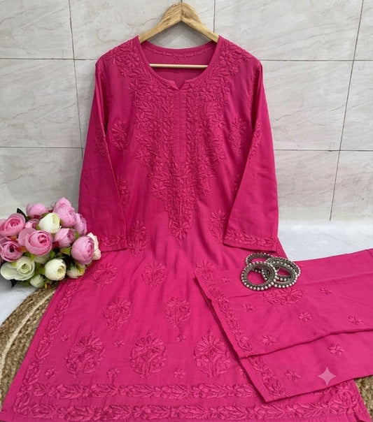 Women’s Embroidered Kurta Pant Set | Floral Thread Work 2-Piece Ethnic Suit