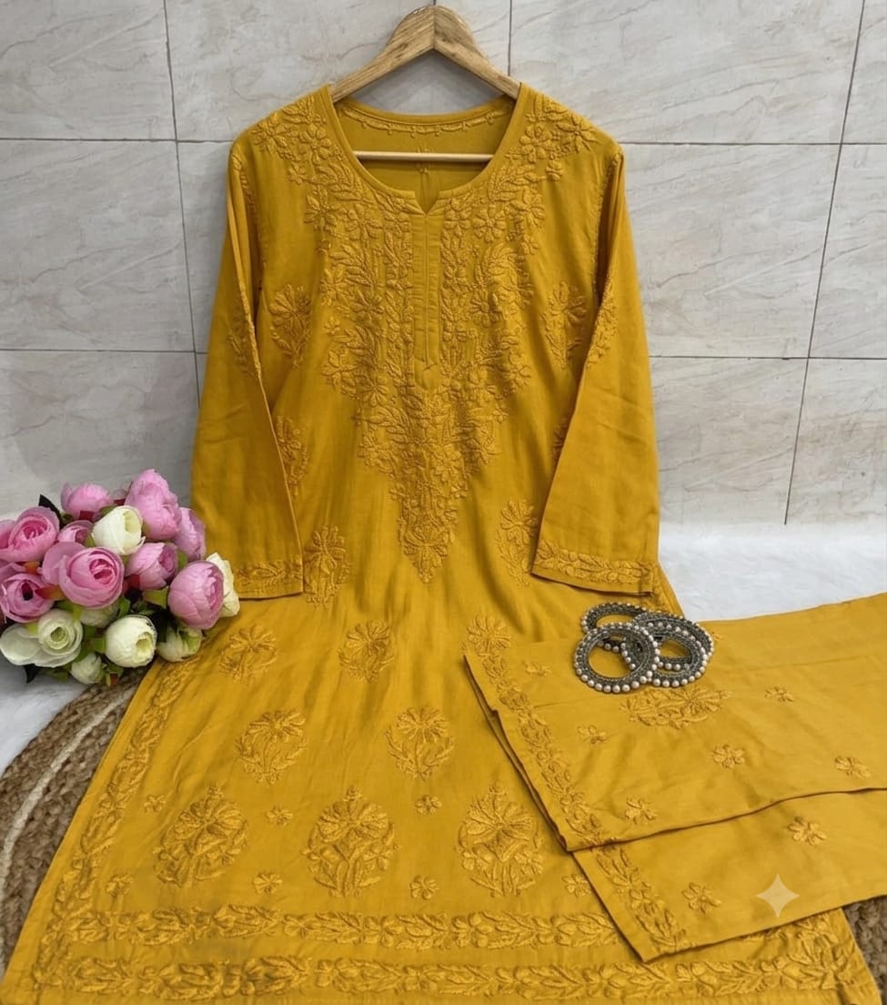Women’s Embroidered Kurta Pant Set | Floral Thread Work 2-Piece Ethnic Suit