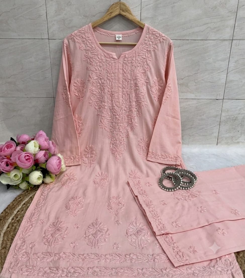 Women’s Embroidered Kurta Pant Set | Floral Thread Work 2-Piece Ethnic Suit