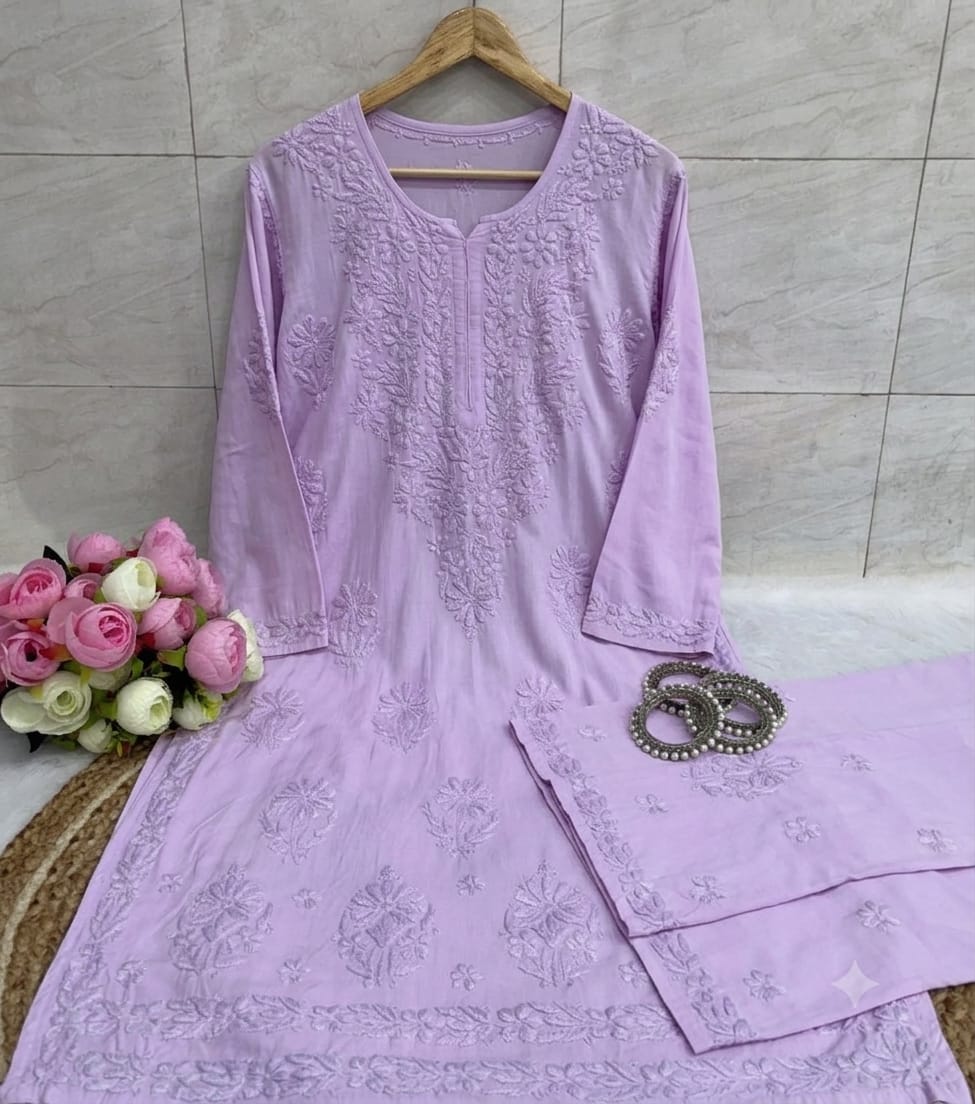 Women’s Embroidered Kurta Pant Set | Floral Thread Work 2-Piece Ethnic Suit