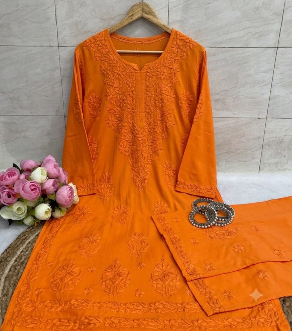 Women’s Embroidered Kurta Pant Set | Floral Thread Work 2-Piece Ethnic Suit
