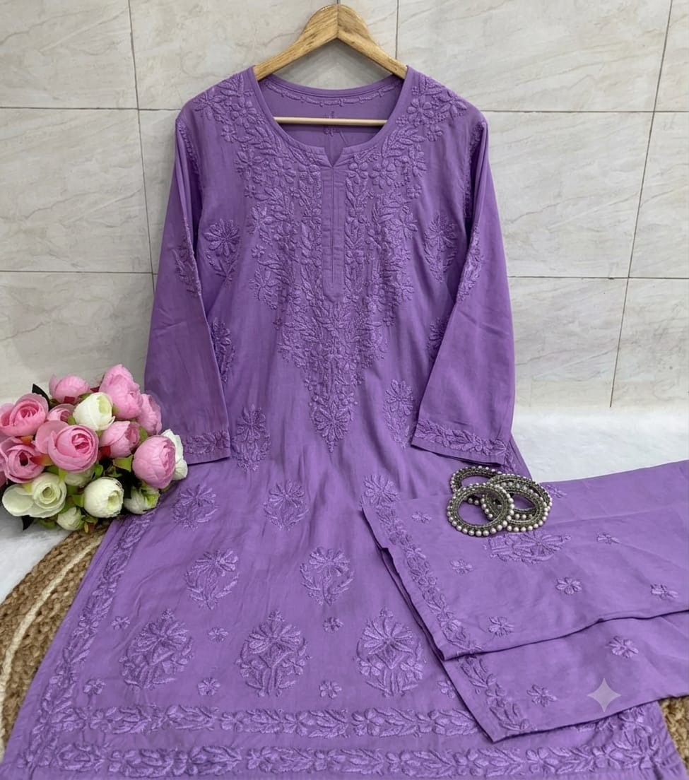 Women’s Embroidered Kurta Pant Set | Floral Thread Work 2-Piece Ethnic Suit