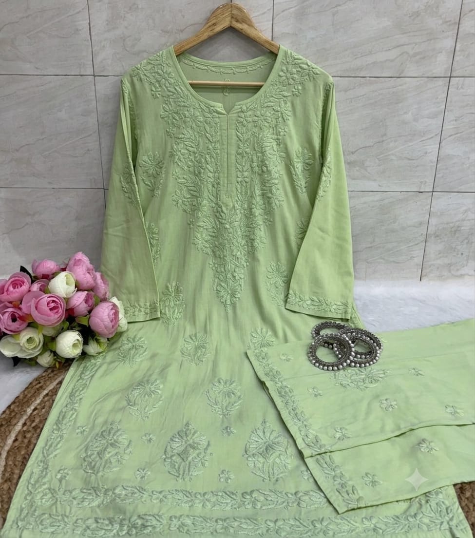 Women’s Embroidered Kurta Pant Set | Floral Thread Work 2-Piece Ethnic Suit