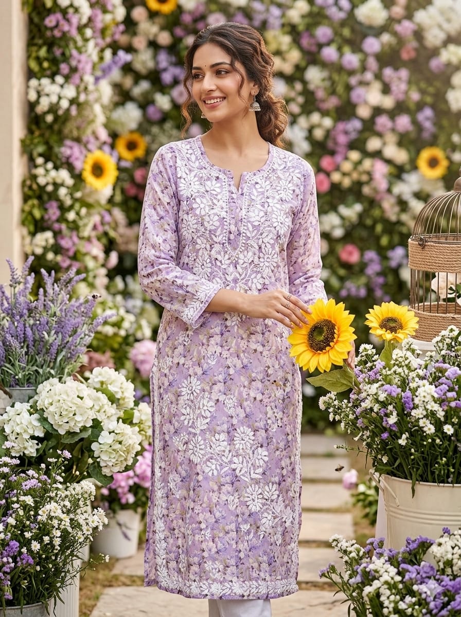 Handcrafted Floral Printed Cotton Long Kurta with White Chikankari Embroidery