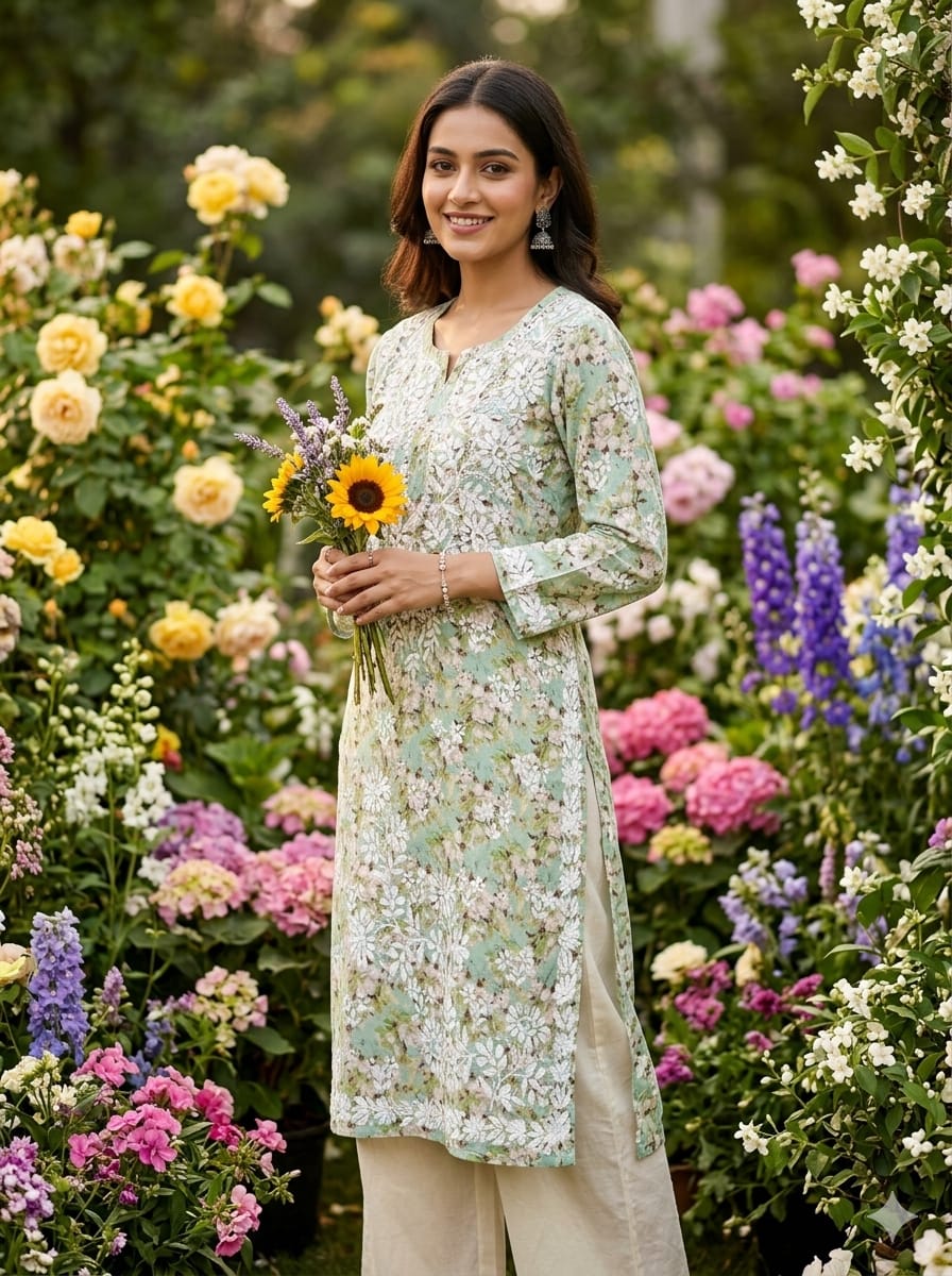 Handcrafted Floral Printed Cotton Long Kurta with White Chikankari Embroidery