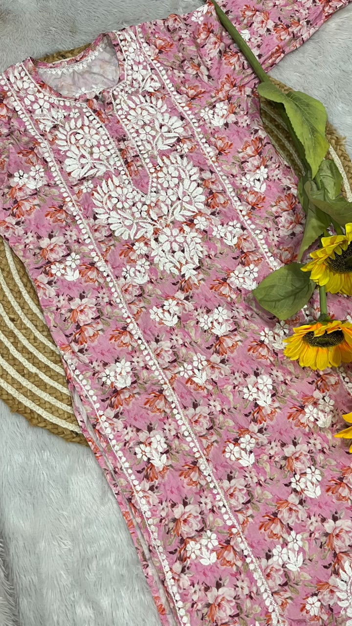 Handcrafted Floral Printed Cotton Long Kurta with White Chikankari Embroidery
