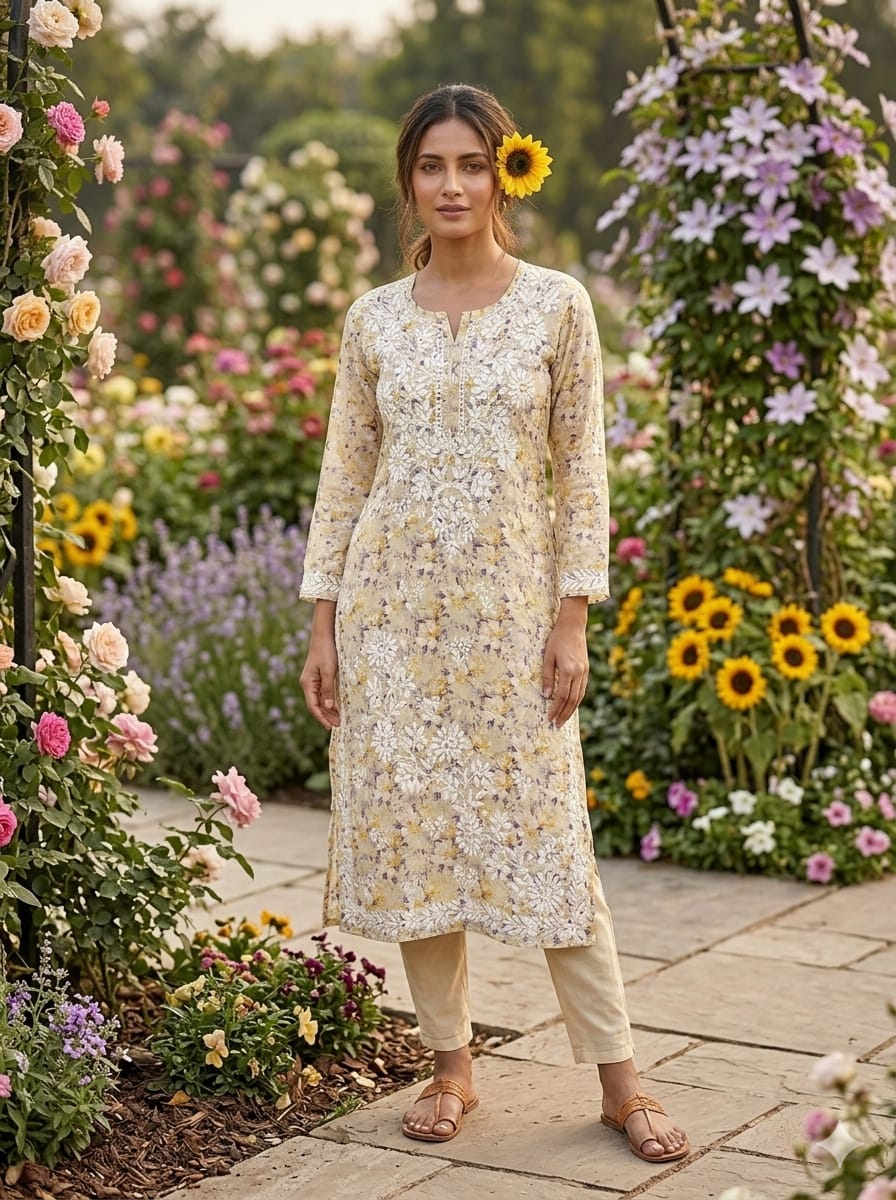 Handcrafted Floral Printed Cotton Long Kurta with White Chikankari Embroidery