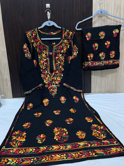 Women’s Black Floral Embroidered Anarkali Suit Set | Multicolor Thread Work Kurta with Pant
